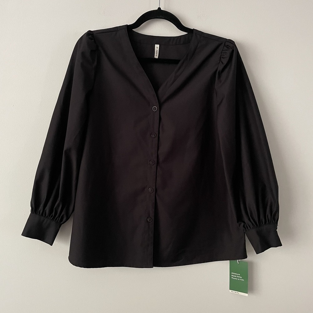 NWT Halara V Neck Long Puff Sleeve Work Blouse Black Sz XS Stretch Career Basic
